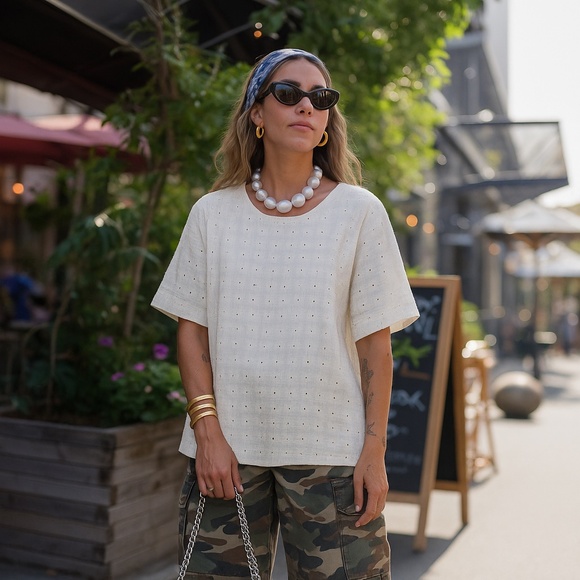 90s Eyelet Blouse Oversized Long Short Sleeve Plaid Cream Off-White - Picture 1 of 9